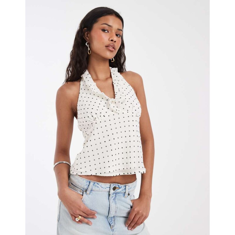 Kiss The Sky Uma frilly polka dot halter top in white-Blue