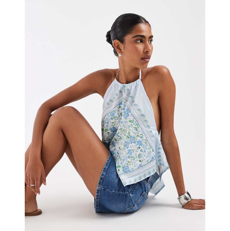 Kiss The Sky Amaretto floral halter neck top in blue-Multi 115609942