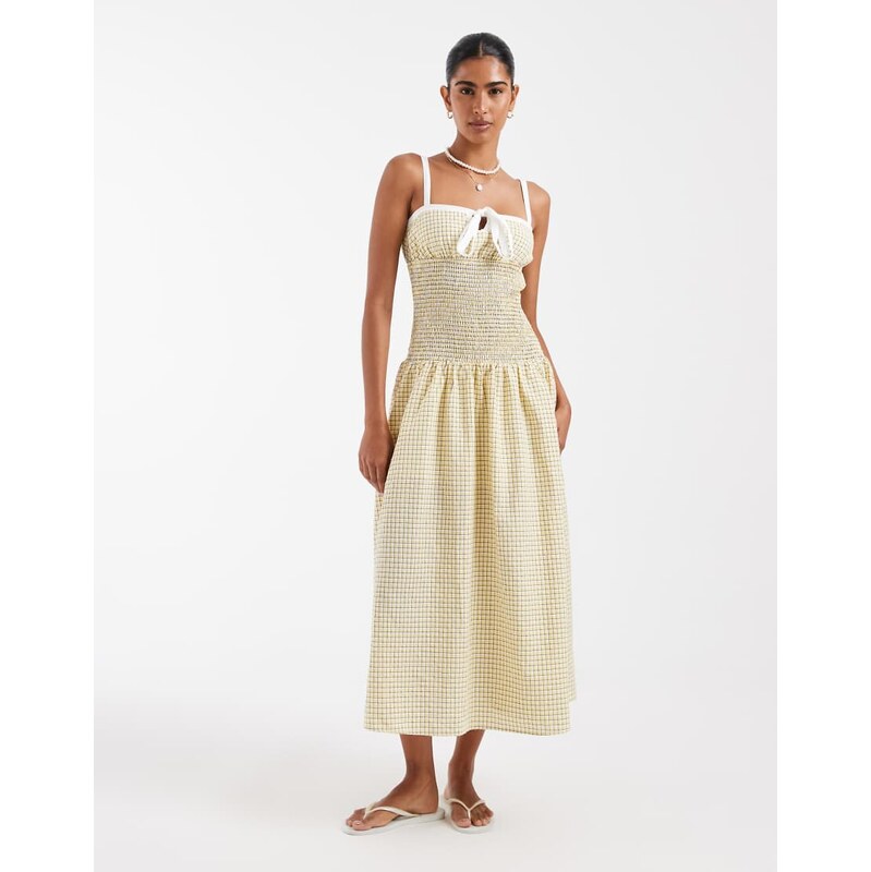 Kiss The Sky Jules shirred seersucker midaxi dress in lemon white 115609955
