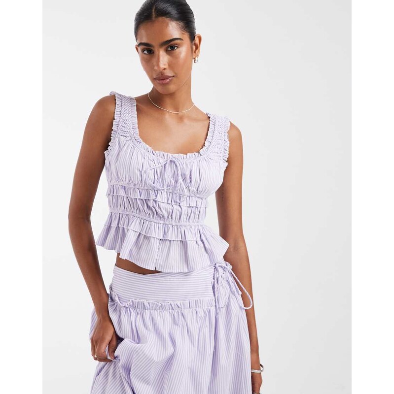 Kiss The Sky co-ord Elena gathered stripe top in lilac-Purple 115609958