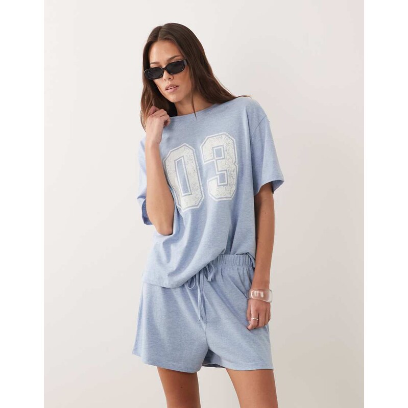 ASOS DESIGN oversized tee and short pyjama set with 03 graphic in blue 115609967