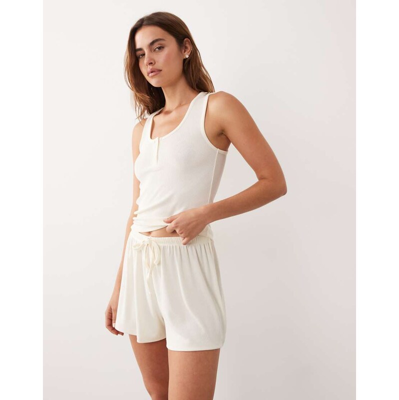 ASOS DESIGN mix & match rib pyjama flippy short in ivory-White