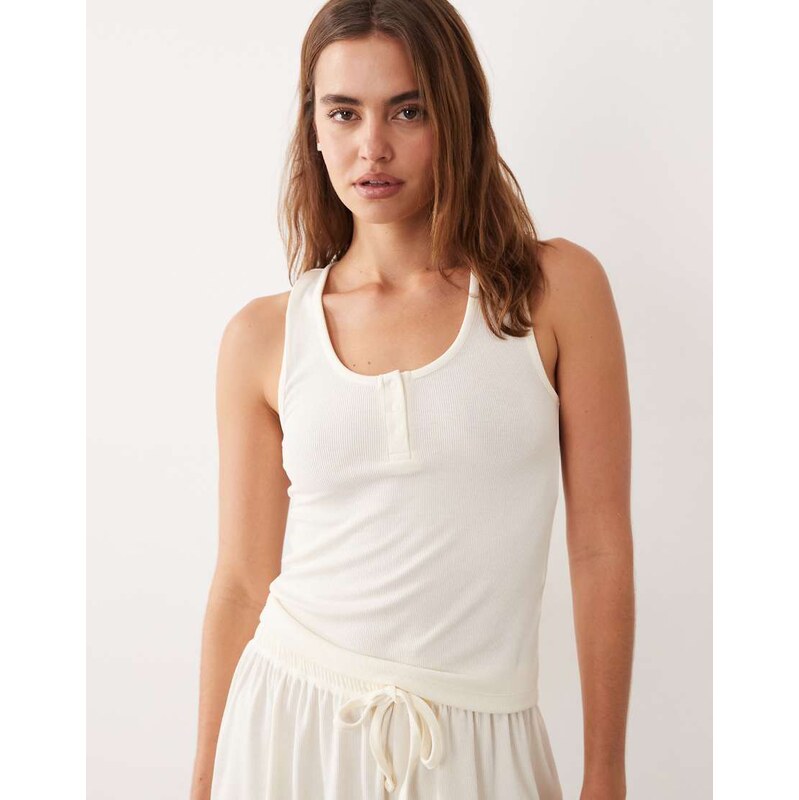 ASOS DESIGN mix & match rib pyjama vest in ivory-White