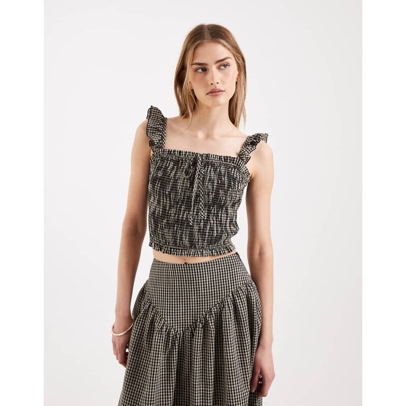 Daisy Street shirred cami top with ruffle straps in beige black