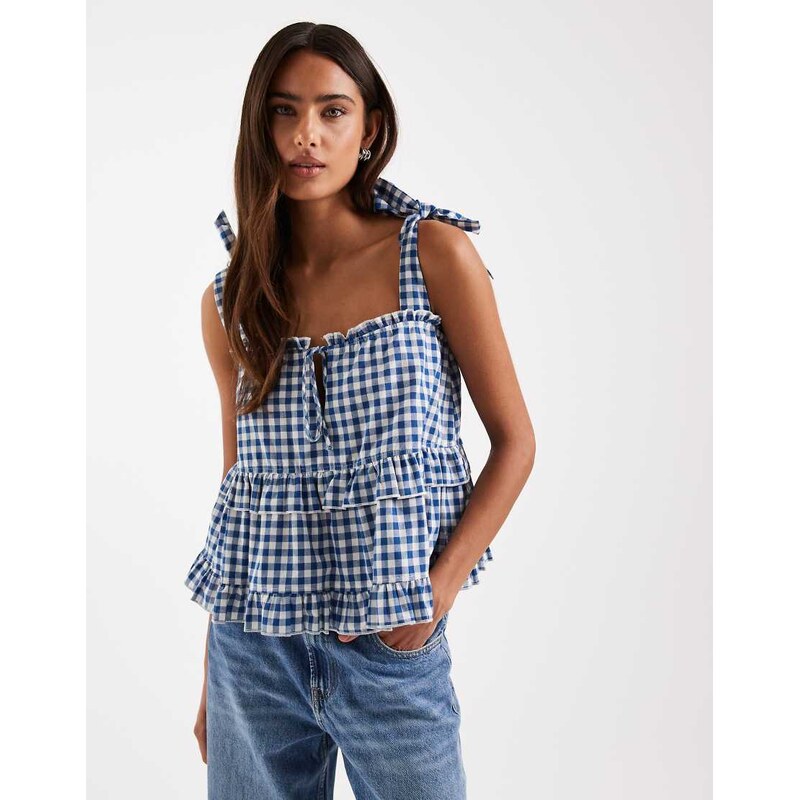 Daisy Street chuck on tie strap smock top in navy gingham