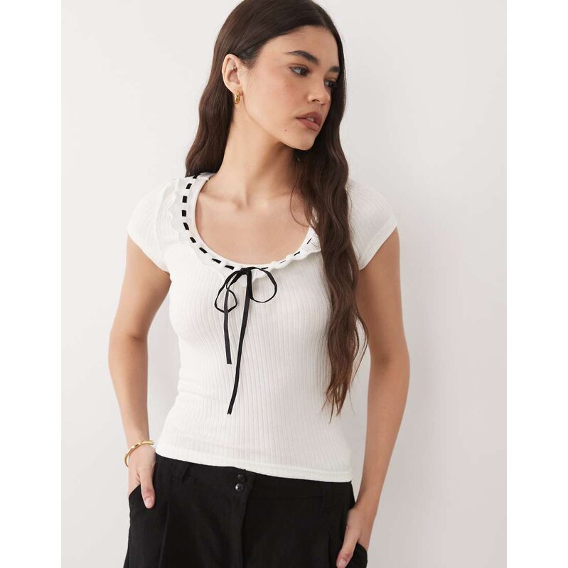 Brave Soul scoop neck ribbed jersey t-shirt with bow detail in white 115609998