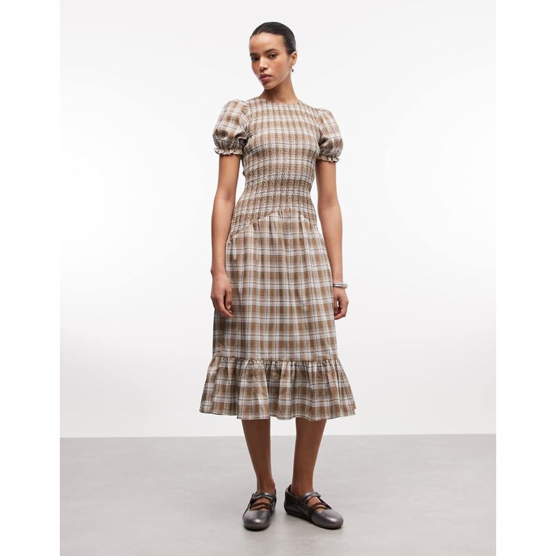 Daisy Street drop waist shirred midi dress with puff sleeves in