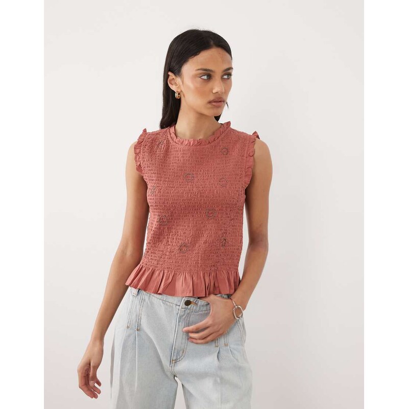 Mango Teen sleeveless shirred top with embroidery in peach-Pink 115610093