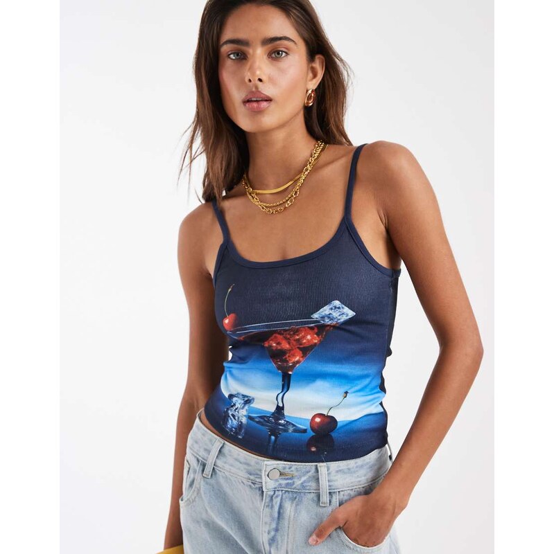 ASOS DESIGN Cocktail print contrast binding jersey cami top-Blue