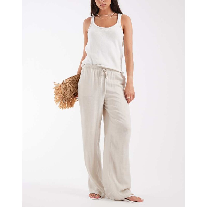 Vero Moda linen touch wide leg trouser with drawstring waist in