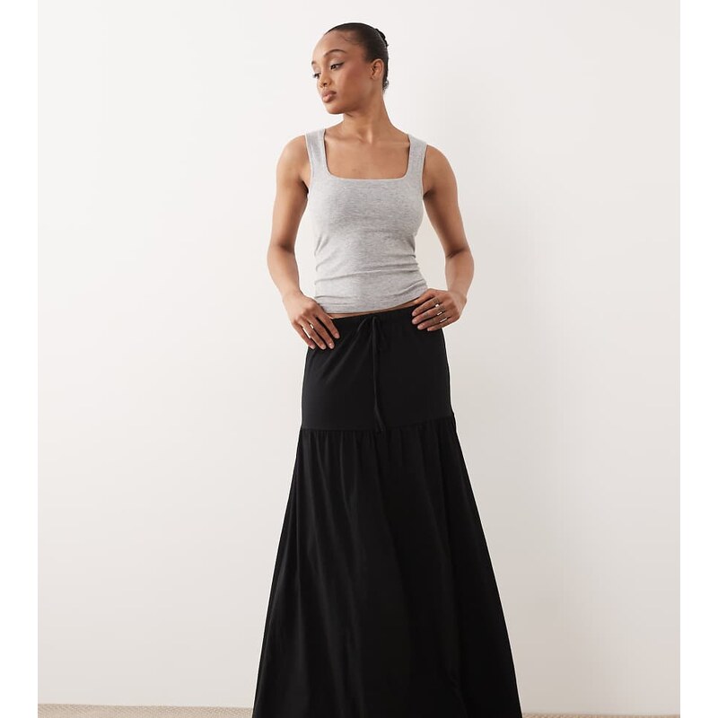 Vero Moda Tall tie waist jersey tiered boho maxi skirt in black