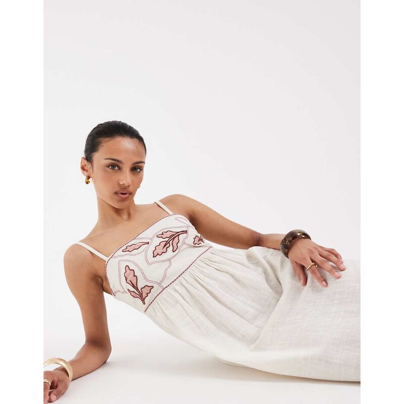 Vero Moda cotton cami maxi dress with contrast leaf embroidery