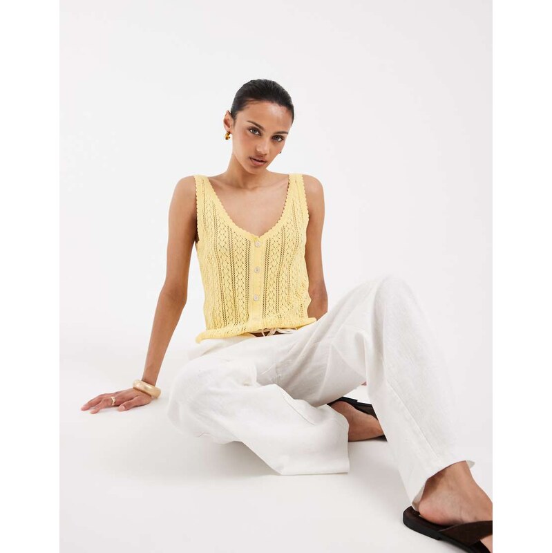 Vero Moda pointelle knitted button front vest top in golden yellow 115610158