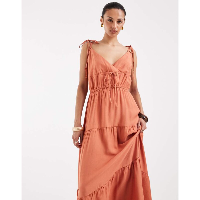 Vero Moda tie shoulder cami midi tiered dress in orange