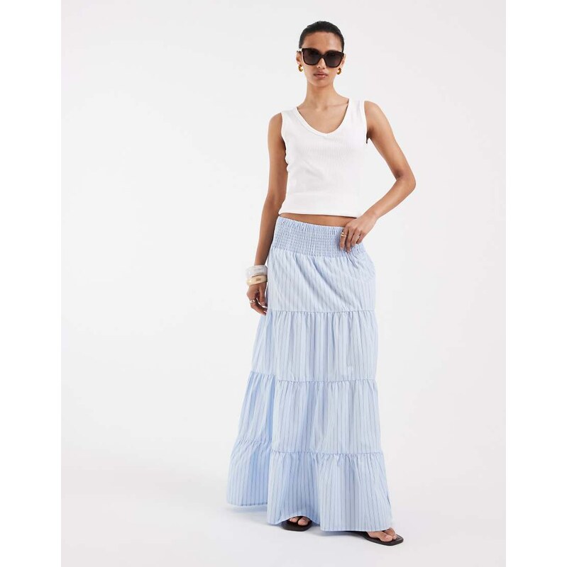Vero Moda shirred waist tiered boho maxi skirt in blue and white