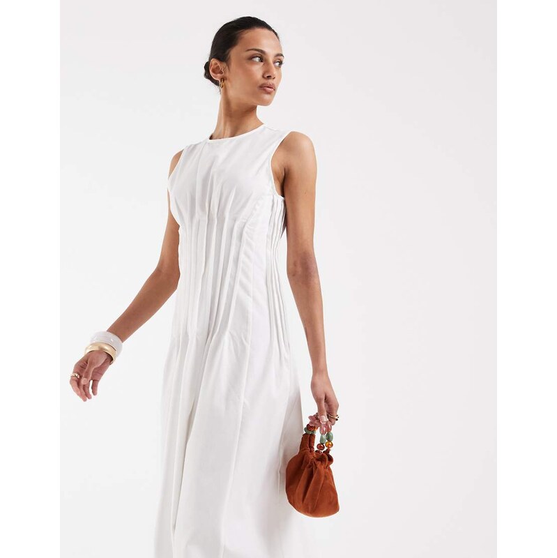 Vero Moda poplin pleated waist sleeveless midi dress in white