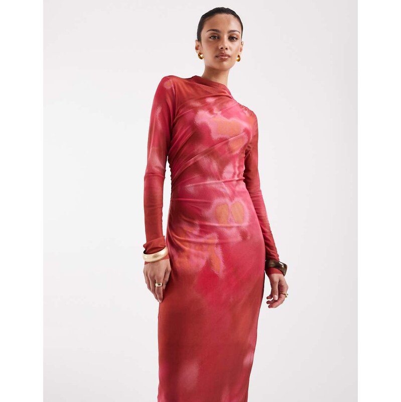 Vero Moda long sleeve drapey mesh maxi dress in pink and orange