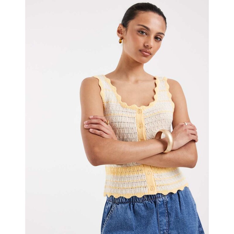 Vero Moda button front contrast stitch crochet vest in cream and 115610177