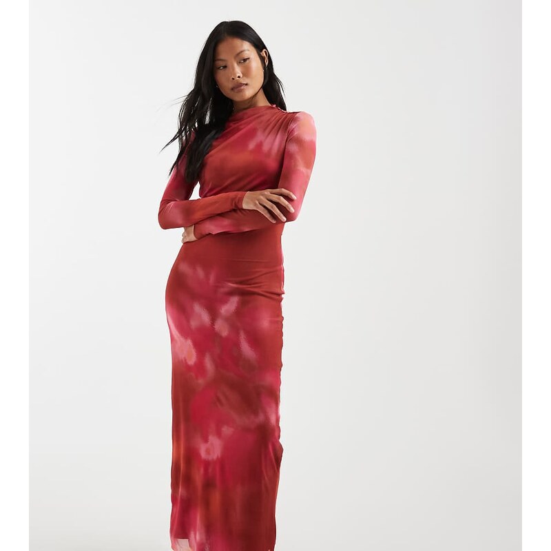 Vero Moda Petite long sleeve drapey mesh maxi dress in pink and