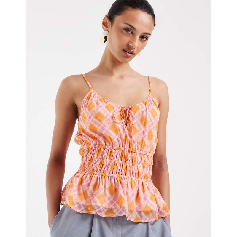 Vero Moda Smilla chiffon cami top with elasticated waist in orange and 115610182