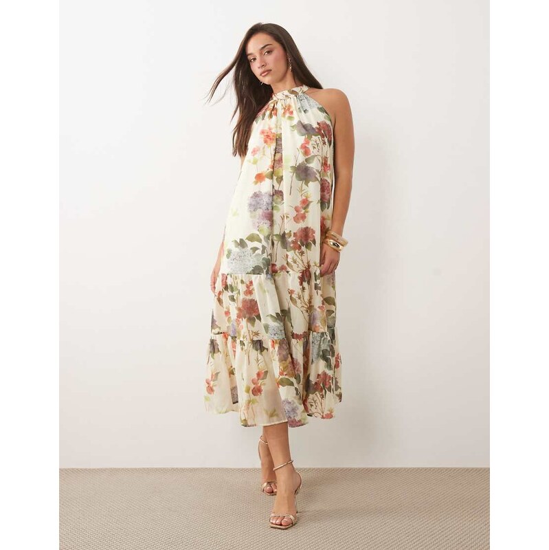Vila halter neck tiered midi dress in garden floral print-White