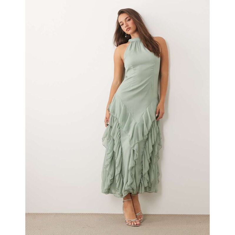 Vila high neck tie back boho maxi dress in sage green
