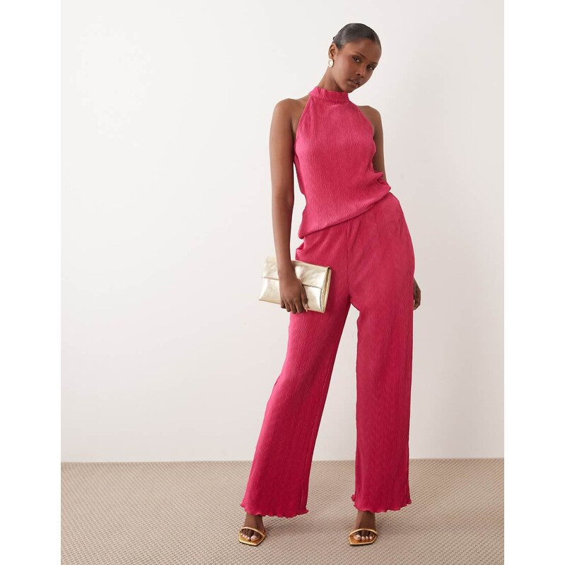 Vila wide leg plisse trousers co-ord in bright pink-Red 115610190