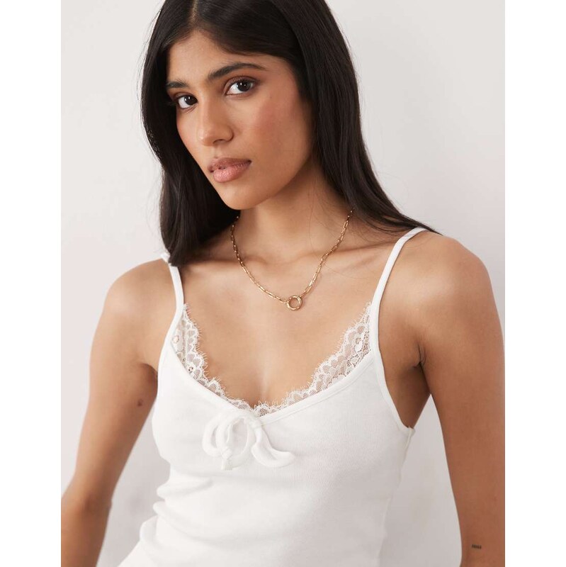Miss Selfridge rib cami top with lace trim in cream-Pink 115610205