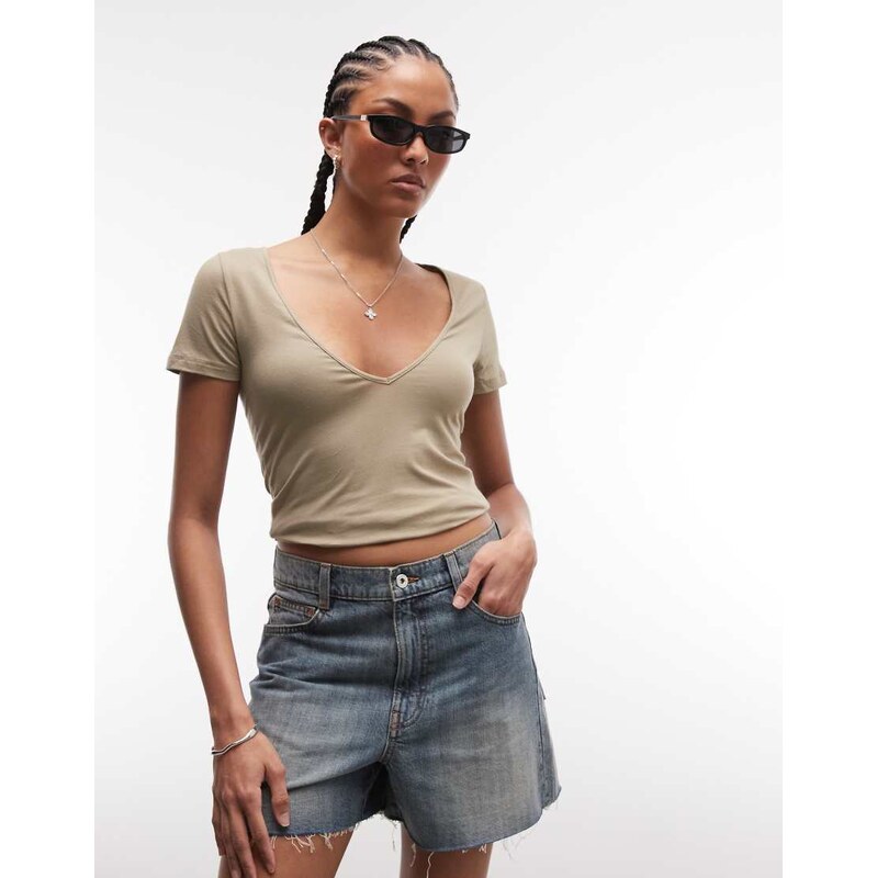 Monki v-neck slim fit t-shirt in olive green 115610213
