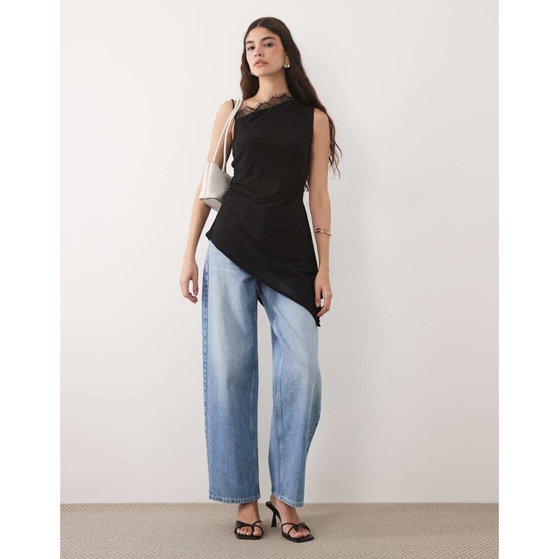 ASOS DESIGN mesh asymmetric longline cami with lace trim in