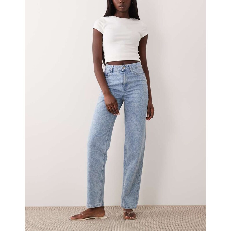 Miss Selfridge straight leg jean in mid blue lace print