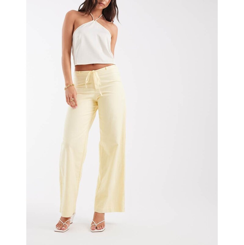 Motel Cursia wide leg side tie trouser in lemon yellow 115610218