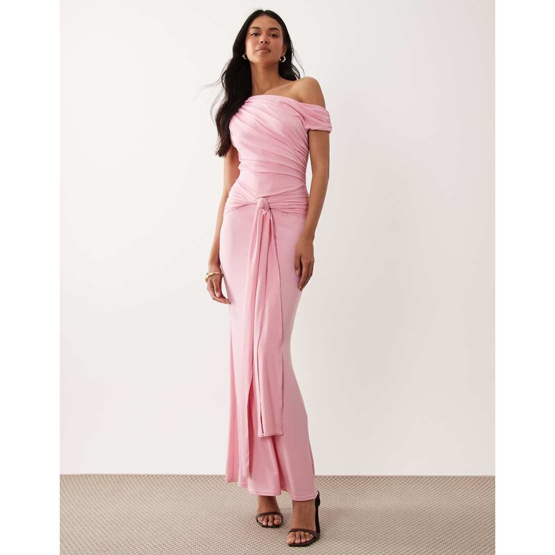 TFNC slinky draped one shoulder maxi dress in sugar pink