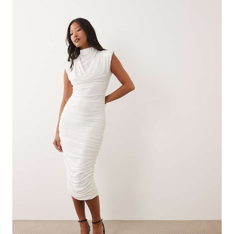 TFNC Petite slinky high neck shoulder pad drape detail midi