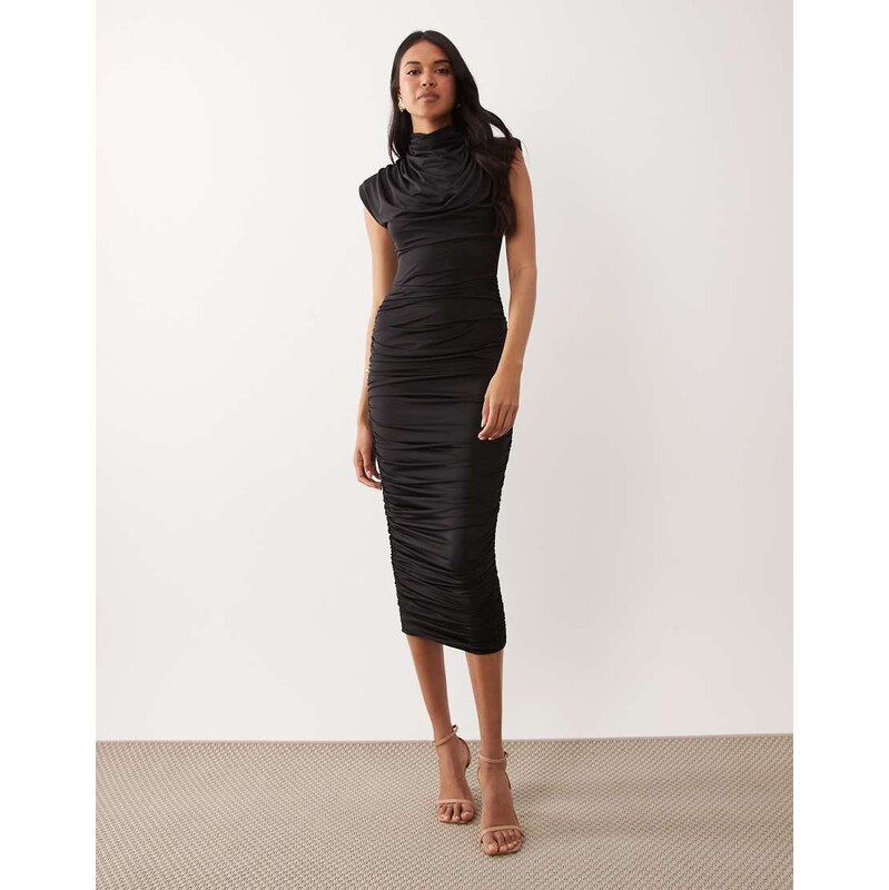 TFNC slinky high neck shoulder pad drape detail midi dress in black 115610238
