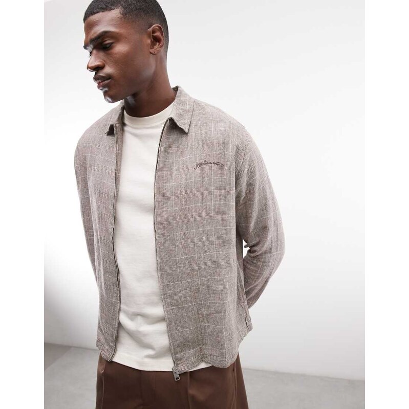 AllSaints Keal linen blend logo jacket in brown check