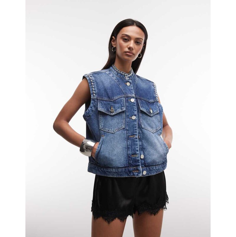 AllSaints Mac sleeveless stud detail denim waistcoat top in