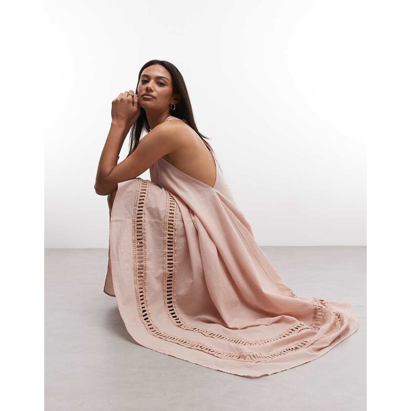 AllSaints Lil sleeveless racer back lace midi dress in pink 115610243