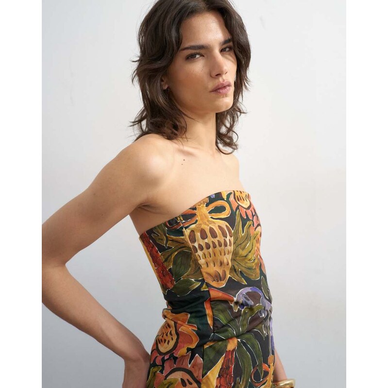 Topshop asymmetric twist bandeau in tropical print-Multi 115610250