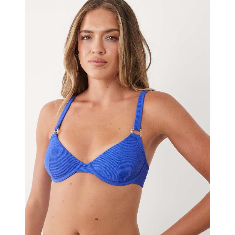 New Look crinkle ring detail bikini top in mid blue 115610251