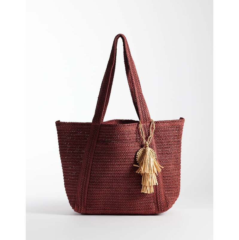 Mango raffia tote bag in berry-Red 115610255