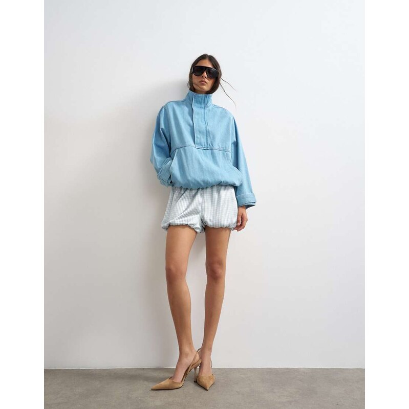 Topshop satin bubble short in blue check-Multi