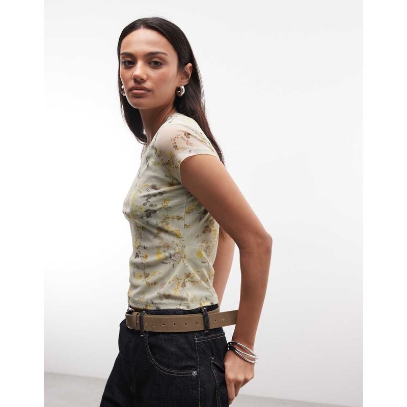 AllSaints Ellie short sleeve floral mesh t-shirt in beige-Neutral 115610301