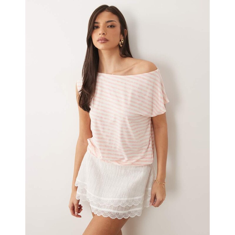 ASOS DESIGN slub off shoulder cinched top in red and white