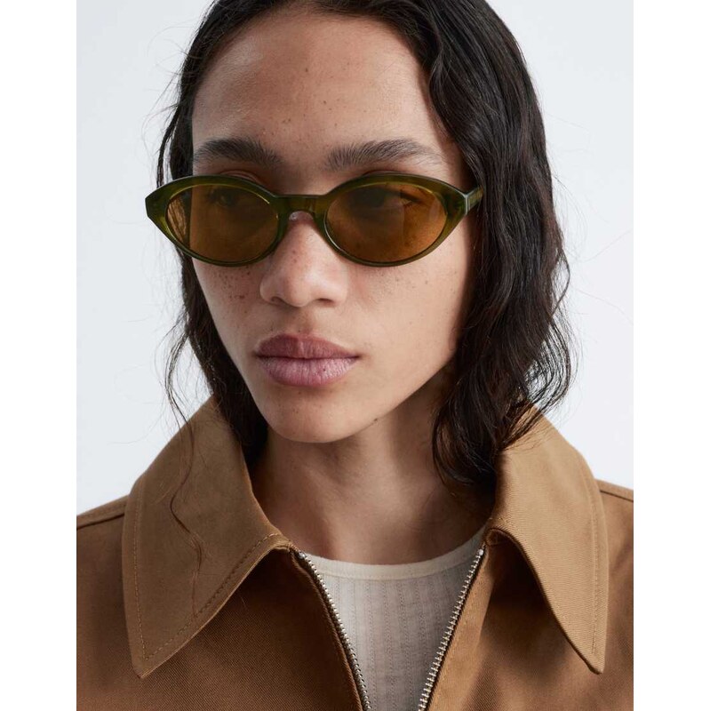 & Other Stories slim oval sunglasses in olive green with linen pouch 115610318