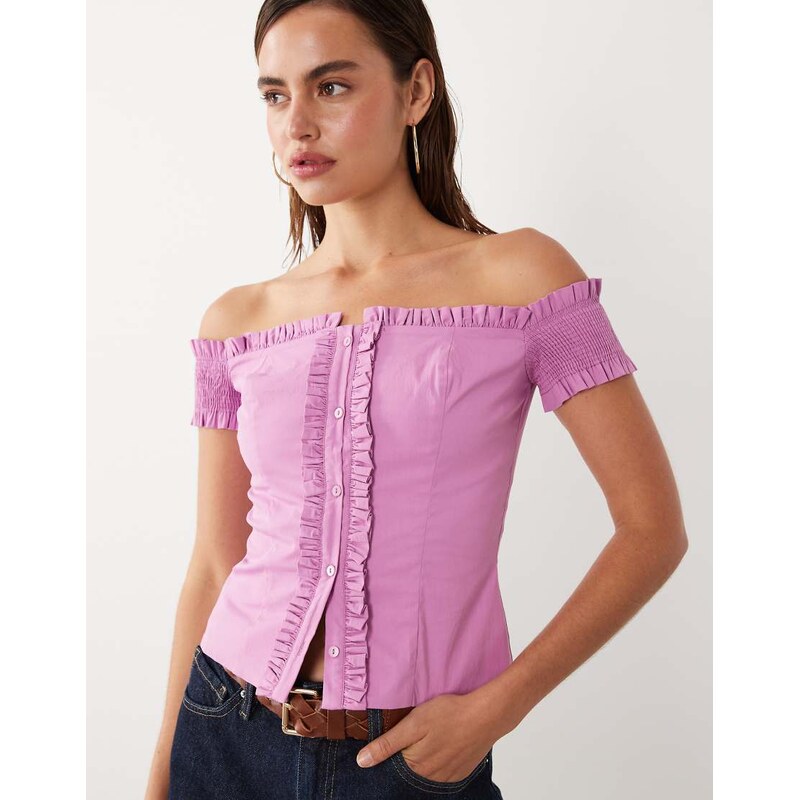 Mango starring Hailey Bieber ruffle detail off shoulder blouse in pink 115610349