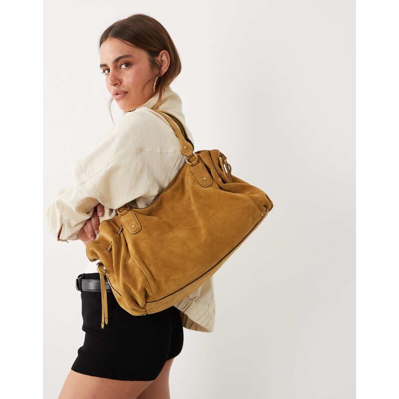 Mango starring Hailey Bieber 100% leather slouch shoulder bag in brown 115610354