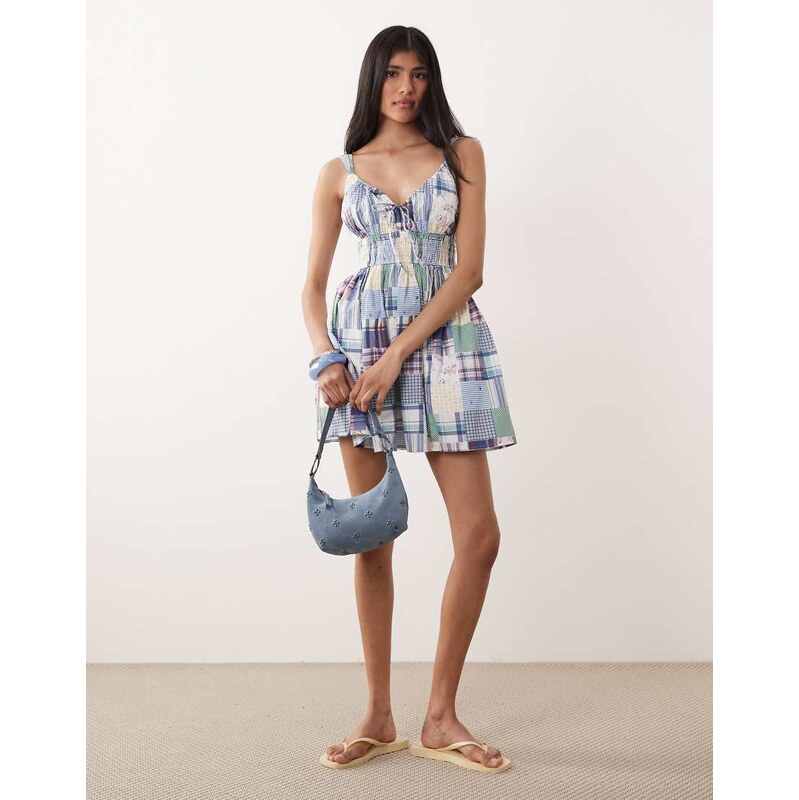 Abercrombie & Fitch v neck smocked mini dress skort in patchwork