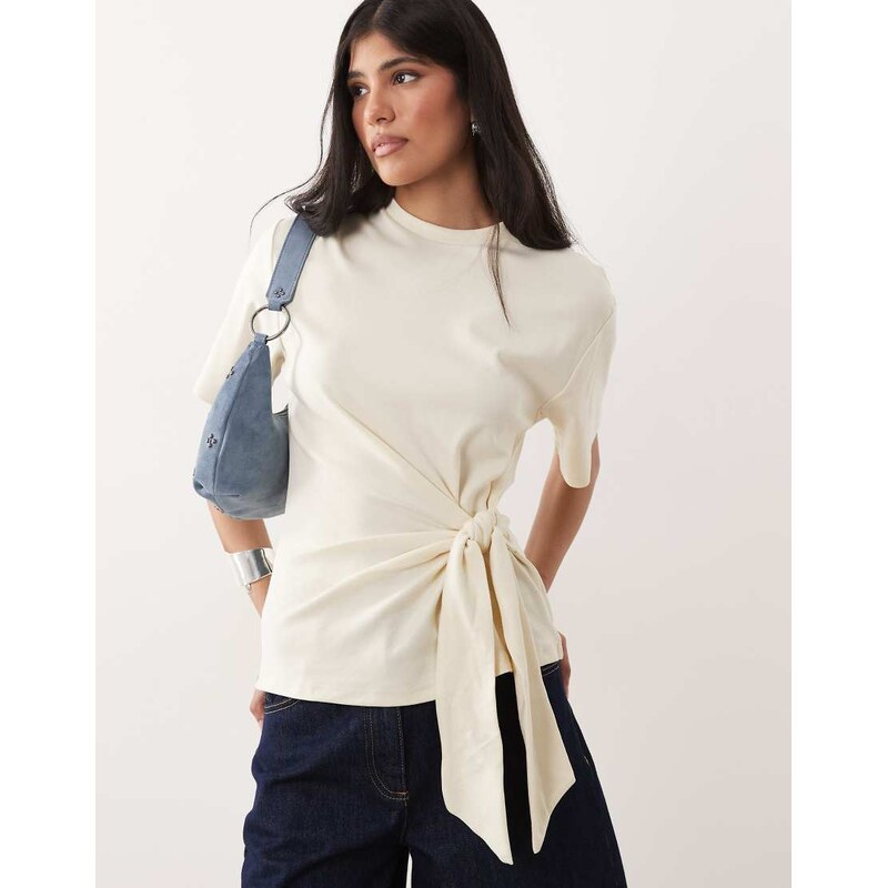 Mango cotton rich tie front t-shirt in butter yellow