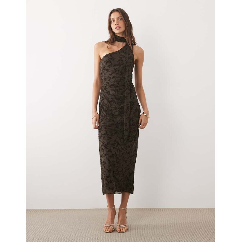 Mango one sleeve velour midi dress with neck detail in brown